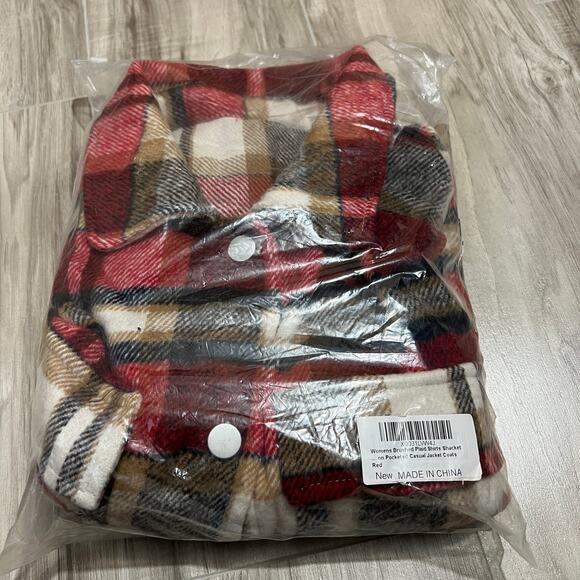 Womens Red Plaid Shacket/Jacket Lapel Coat Button Down Long Sleeve Shacket M - Picture 11 of 12